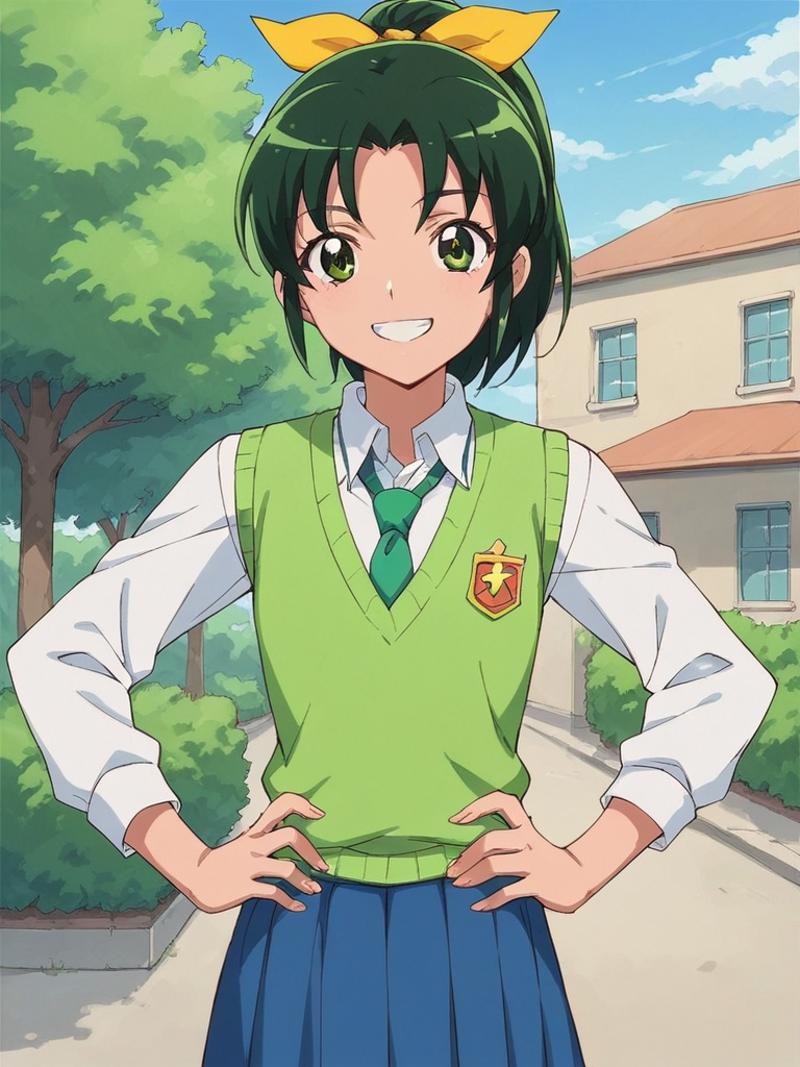 score_9, score_8_up, score_7_up, 1girl, midorikawa nao, green hair, ponytail, green eyes, yellow hair bow,

school uniform...