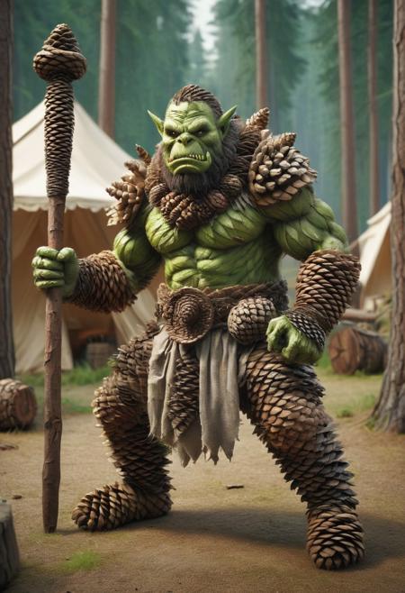 A green-skinned orc dressed in rags made of pine cone, with a war club where the handle is made of pine cone and has a huge pine cone as a metal mace, this one in the middle of a battle inside a camp with cloth tents. , ral-pinecone