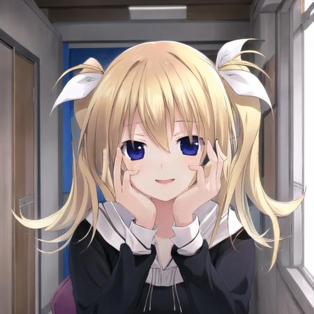 best quality, masterpiece, ultra-detailed, best quality, 1 girl, Arimura, school uniform, blonde hair, blue eyes, hair ribbon, white ribbon, yandere trance, yandere, hands on own face,hands on own cheeks, closeup