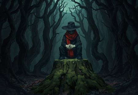 A detailed dark fantasy illustration of a 'chad' figure in solitude within a menacing forest. The 'chad' sits on a moss-covered stump, clad in a dark, textured jacket, pants, and hat, with a striking red scarf providing the only burst of color. Hands are clasped in front. The forest is a realm of twisted, dark trees and deep shadow, with a floor of decaying leaves. The perspective is a low angle, emphasizing the figure's presence against the oppressive backdrop, their face hidden in shadow or averted. The style features Sharp Lines and Brush Strokes, Stunning Colors (muted, harmonious palette), Beautiful Matte Painting techniques, Creative Angle, Captivating Lighting (perhaps moonlight or eerie glow), Grammer Effect Style, Splash Ink Illustration influence for texture, CGSociety, Artstation Trending on ArtstationHQ, Golden Ratio, Vivid Emotions, Joyful Impact, Powerful Message, Isometric (applied to structural elements of the forest), Dynamic Action Pose (interpreted as dynamic composition).