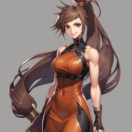 (best quality), ((masterpiece)), (highers), original, extremely detailed CG unity 8k wallpaper,
1girl,grin,cowboy shot,gray background,bare shoulder,high ponytail,bare arms, solo,
<lora:striker-nvwls-v2:1>,
 <lora:o (3):0.8>