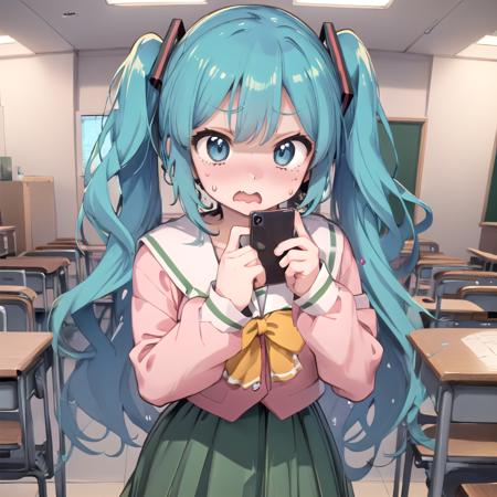 best quality, cowboy shot, pov, blackmail, indoors, day, classroom, 
<lora:pnkserafuku:1>hatsune miku, (pnkserafuku:1), long sleeves, @_@, surprised, looking at viewer, full-face blush, standing, cornered,
(pov hand showing holding smartphone display to her:1.2),  <lora:hawawa:0.8> hawawa,