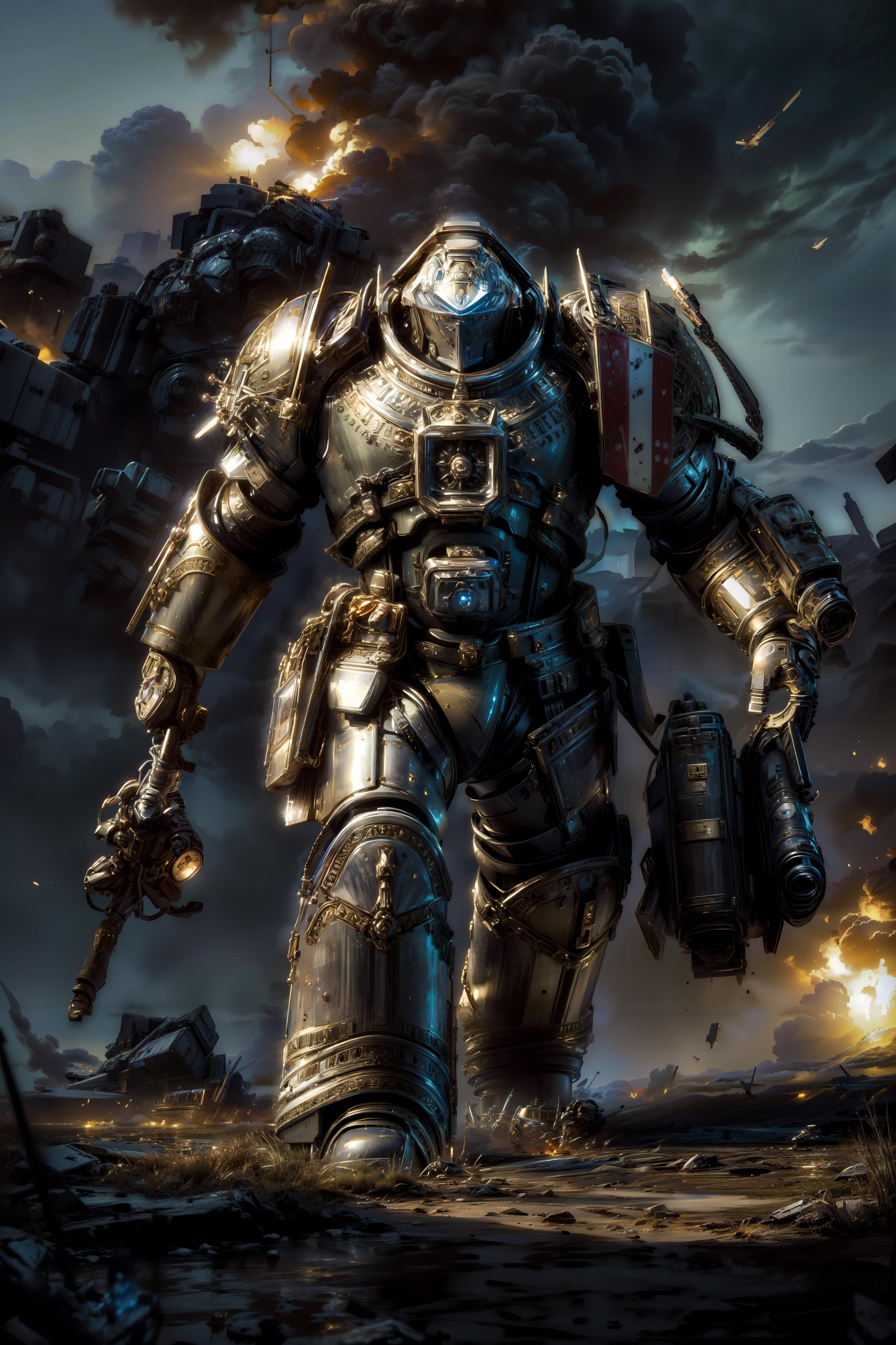 A warrior in a metal suit, armed with a gun and a sword, stands in front of a dark and ominous sky.