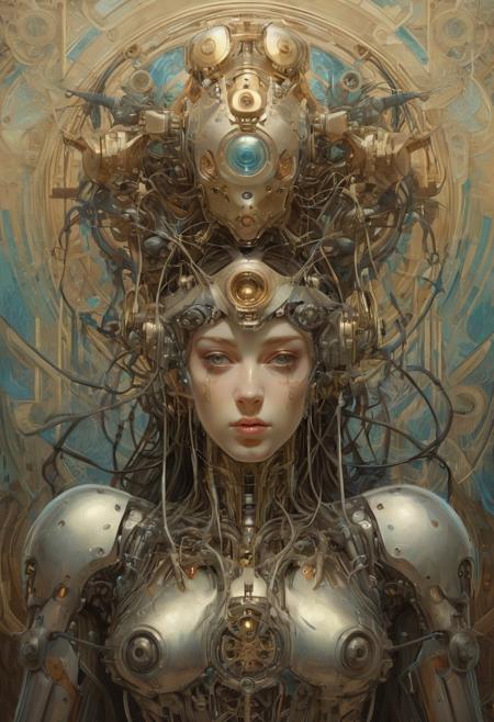 Cyborg android, fantasy, pre-raphaelite style, sinozick, Alphonse Mucha, Agostino Arrivabene, Peter Mohrbacher