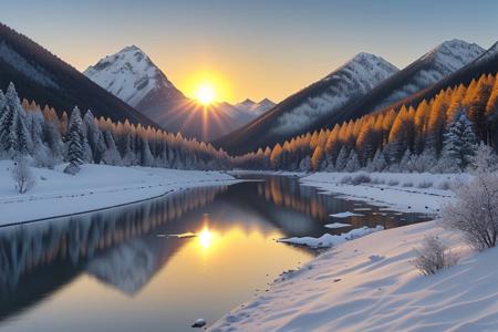 a beautiful view of a valley, in the center of the valley a forest, in the center of the forest a lake, a river starts from the lake, snow-capped mountains in the background, at sunset, the sun sets behind the mountains, the sun reflects on the lake, 1/1000s shutter speed, motion blur,