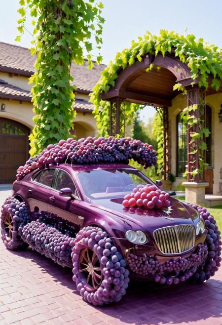 A luxury car entirely sculpted from grapes, with shiny grape wheels and grape vine details, parked on a grape-paved driveway <lora:Grape_products:0.8>