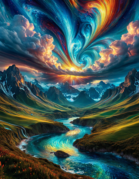 landscape art stylized by Vincent van Gogh and (Peter Jackson:0.9) , baroque art, Painting, 3D Rendering, Digital art, kinetic art, Heavenly Complementary (ral-iricnt:1.2) , Very wide view, multimedia installations, idealized portraits, futuristic designs, beautiful massive landscape, unpredictable results, abstract forms, painterly, <lora:ral-iricnt-sdxl:0.85>, rich deep colors, beautiful elegant, highly detailed, dramatic, unique, stunning detail