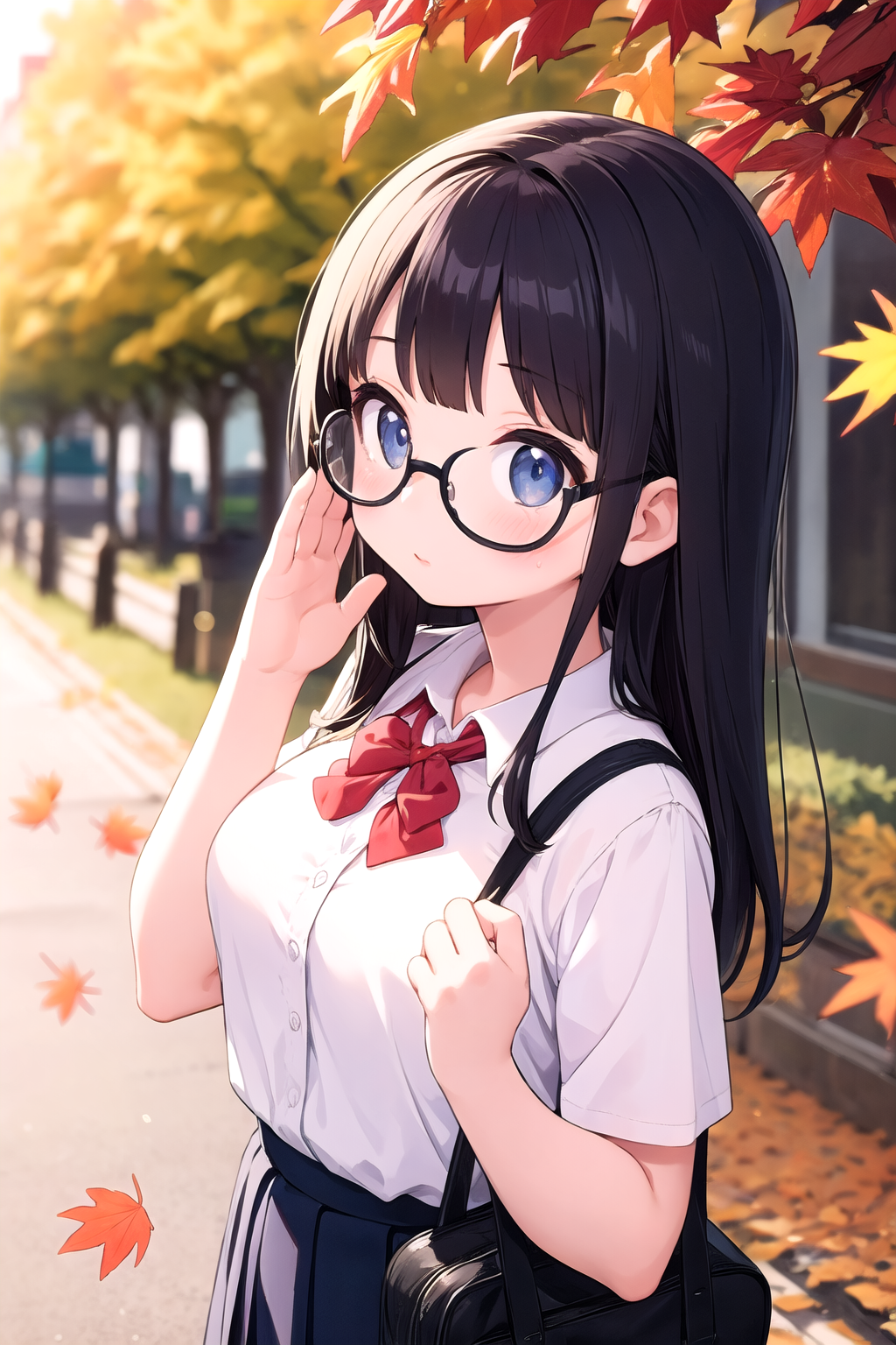 1girl,school uniform,autumn leaves,eyewear,