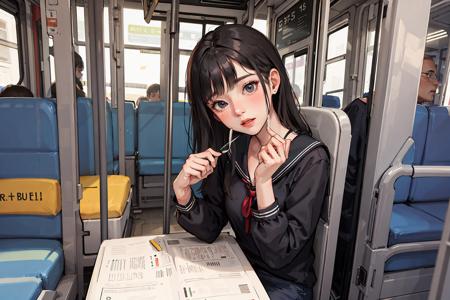 [[[[[finely detailed eyes and detailed face]]]]],1girl, solo, ((bus)) school