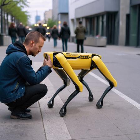 cinematic photo a man kneeling down petting a yellow robot dog on a sidewalk , ((text ''CIVITAI''))<lora:Spot1024-000420:0.8> . 35mm photograph, film, bokeh, professional, 4k, highly detailed