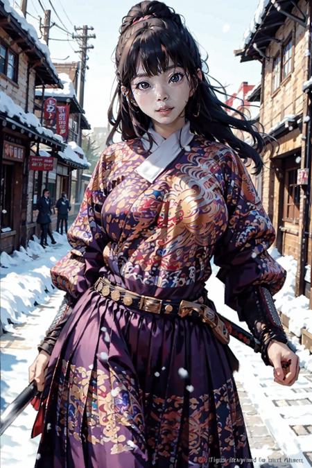 breasts outline, breast shape visible through clothing, big beautiful breasts, 1girl,  masterpiece, 8k, best quality,    outdoor, stand,  snow, light purple feiyufu, sword , <lora:feiyufu_v1:0.8>