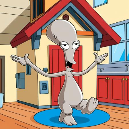 Advertising poster style a grey cartoon character dancing in a house <lora:Rodger1024:0.9> . Professional, modern, product-focused, commercial, eye-catching, highly detailed