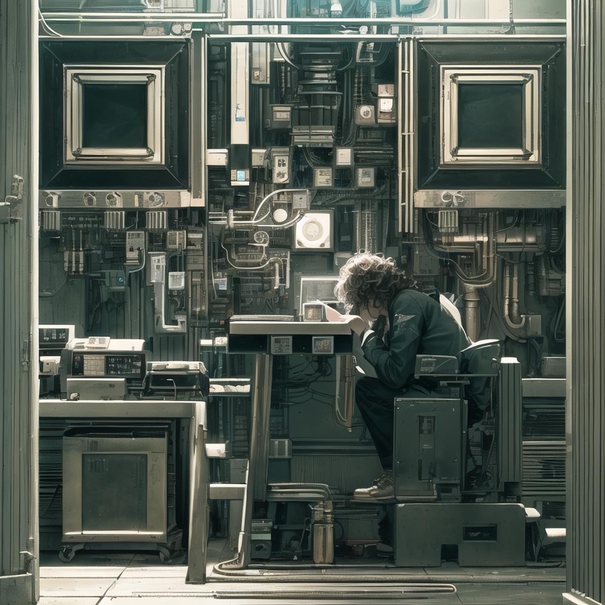 A person sitting in front of a computer with many monitors.