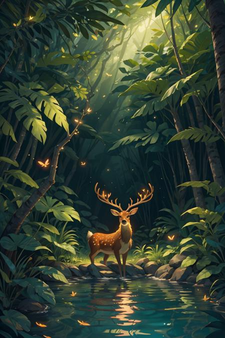 (Masterpiece, best quality:1.2),(best illustration),(best shadows),glow sprite,with a glowing deer,in the swimming pool Drinking water,natural elements in the forest theme. Mysterious forest,beautiful forest,nature,surrounded by flowers,delicate leaves and branches surrounded by fireflies (natural elements),(jungle theme),(leaves),(twigs),(fireflies),(particle effects) etc. 3D,Octane rendering,ray tracing,super detailed,