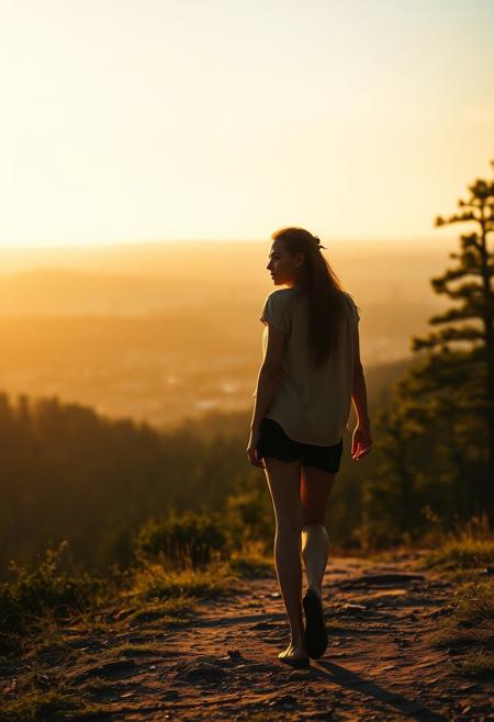 lone roguish female figure, walking away, glancing over shoulder, distant cityscape, transitioning from forest to urban environment, golden light of early morning or late afternoon, cinematic, journey progression, emotional warmth, subtle glance, candid, moment of doubt or hesitation, reflection on the journey, (forest in the background:1.2), city on the horizon, inviting introspection, natural light, dramatic lighting, depth of field, (captured naturally:1.2), (detailed background:1.3), (photorealism:1.4), 8k UHD, (blurry:-1.3), (lowres:-1.5), (ugly:-1.2), (mutated:-1.4), (worst quality:-1.4), (bad anatomy:-1.3), (cartoon:-1.1), (sketch:-1.1), (distorted proportions:-1.3), (extra limbs:-1.5), (cgi:-1.4), (extra characters:-1.5), (savanna:-1.4)