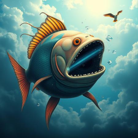 score_9, score_8_up, score_7_up, a cosmic fish with a black hole in its mouth that sucks in light hunting a bird flying in the sky