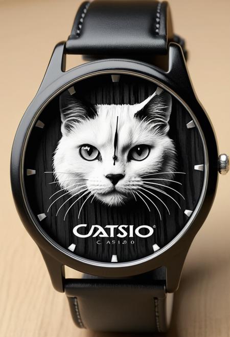 cat watch, black, white, ebony, ivory, (logo "catsio" text:1.2), P14n03l3g4nt3b0n3, High detailed RAW color Photo, 8k, ultra detailed  <lora:P14n03l3g4nt3b0n3XL:0.7>