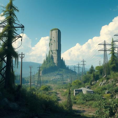An ancient monolithic structure sits inactive and overgrown after millennia of inactivity. The ruins of infrastructure, powerlines, roads, remnants of buildings dot the landscape, all overgrown and desolate. The landscape around it is covered in alien wildlife and flora.