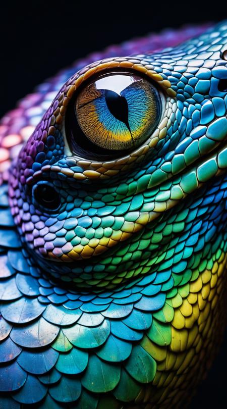 Hyperrealistic macro photography revealing the surreal, iridescent scales of a serpentine being that shimmers with a spectrum of colors against a muted background, the creature's eyes sharp and penetrating.