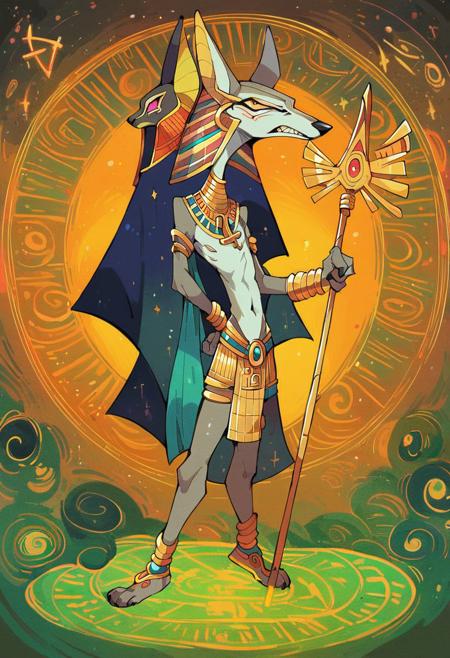 score_9, score_8_up, score_7_up, full body portrait of an Egyptian god with (jackal head:1.5), anthro, serious, overwhelming power, dark green skin, heavy necklace, Egyptian clothes, holding up a spear in front of a churning cosmos, psychedelic occult signs and runes, exaggerated, skinny, radiating power,
r