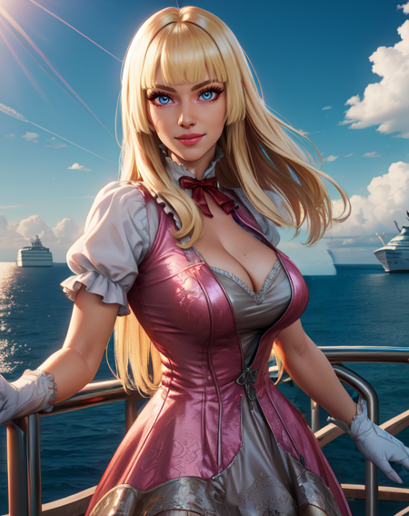 lily, blue eyes, blonde hair, long hair,  bangs,  
standing, upper body,   dress,  skirt,  cowboy shot, 
white gloves,  puffy short sleeves,  cleavage,  
light smile,  looking at viewer, 
morning,  outdoors,  cruise ship,  ocean, 
(insanely detailed, beautiful detailed face,beautiful detailed eyes, masterpiece, best quality) 
<lora:LilyT8:0.7>