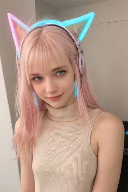 too cute to be true, 18 years old,  close-up, messy hair, colorful pastel hair, (nip slip:0.2), gamer headset, streamer light, big breasts, underboob, smile, sexy, perfect face, twitch, one sexy girl shows her cleavage,  transparent silk top, solo, cute, delicated and beautiful face, huge breasts, thin waist, sleeveless shirt, v sgin, streaming, neon room,