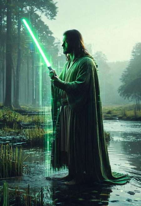 A Jedi stands gazing left, while holding a lightsaber, cloaked in a translucent, glowing green robe, with brilliant glitch and noise effect on cloak. The serene, misty backdrop features soft greens and browns of a marsh and foggy sky. Reflections on the calm, glassy water replicate the Jedi's vibrant luminescence, juxtaposing the cool tranquility of the setting with the robe's energetic warmth, <lora:Glitch Style:1>
