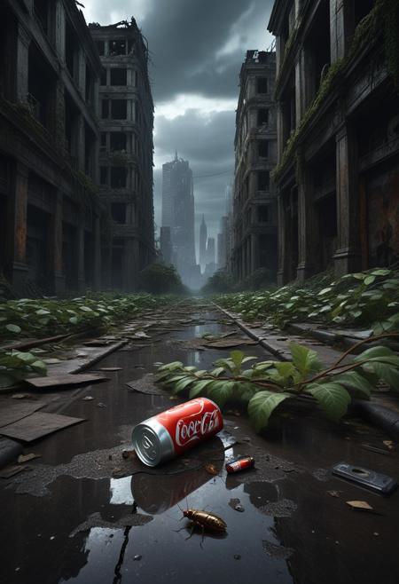 A haunting post-apocalyptic cityscape stretches into the distance—crumbling skyscrapers, shattered windows, and rusting cars overtaken by creeping vines and dense vegetation. The air is heavy with decay, the once-thriving metropolis now a skeletal ruin, its streets cracked and littered with debris. Overhead, a dark, storm-laden sky looms, casting a somber, eerie glow over the desolate scene.
Amid the wreckage, near the viewer, ((a single pristine Coke can)) sits untouched on the cracked pavement—its vibrant red aluminum gleaming unnaturally against the ruins. Unopened, unscathed, and eerily out of place, it stands as a stark contrast to the devastation, a relic of a world long gone. Near the coke can, a realistic small cockroach scuttles across the ground, its small glossy exoskeleton reflecting the dim light, a lone survivor in this forgotten world.
Hyper-detailed, cinematic lighting, ultra-realistic textures, moody and atmospheric composition. coke can.