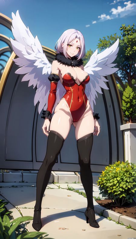 short hair pink hair black fur collar angel wings large wings red outfit detached sleeves strapless yellow eyes red gem on forehead black thighhighs