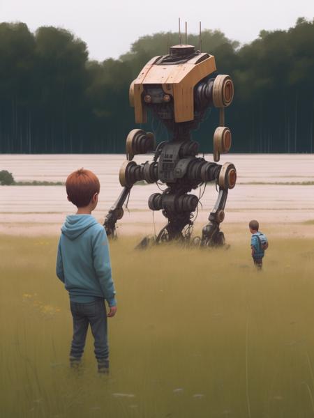 <lora:21Stalenhag:1>two young boys standing in a field looking at a robot by Simon Stalenhag