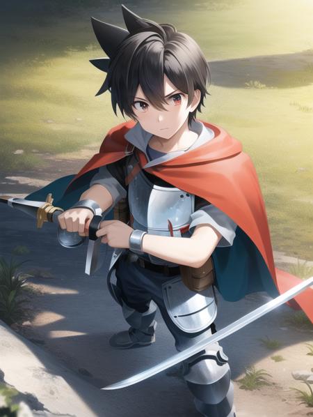 masterpiece, best quality, PokespeRed, 1boy, solo, serious, outdoors, wasteland, holding sword, night, (((knight))), armor, (blue armor), helmetless, red cape, <lora:PokespeRed:0.8>