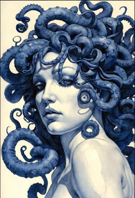 A highly detailed, intricate line-art illustration. Detailed hyper realism in the visible body parts (face, hands, legs). Medusa, oil painting, Gerald Brom Style watercolor dark blue over white in style Adam Hughes. The composition features mesmerizing line work, neutral background, and a play of light and shadow. The overall aesthetic is serene, introspective, and dreamlike, blending realism with a highly structured, almost meditative pattern-based design.