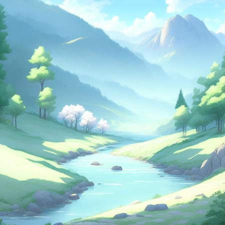 anime rendition of Peaceful river valley, serene scenery, epic landscape (RiverValley style:1) <lora:djzRiverValley:0.8)