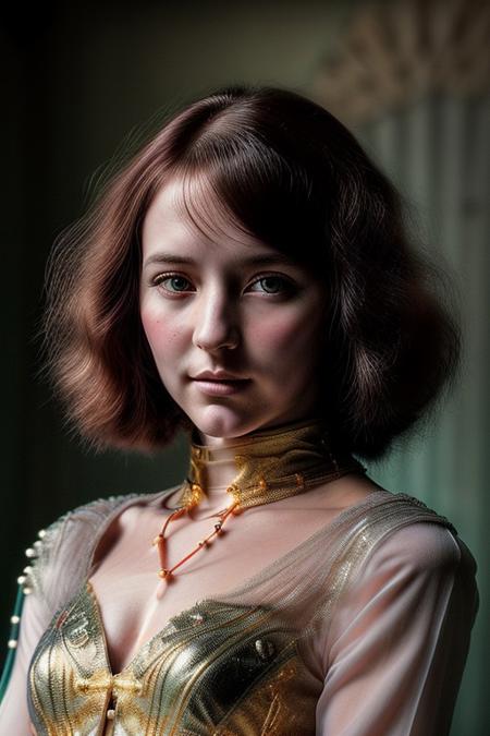 A humanoid AI represented in Art Nouveau style, with intricate, flowing lines and decorative patterns. She has a serene expression, her hair a cascade of metallic threads intertwined with floral motifs. Her body is partly robotic, with gold and pearl accents, seamlessly blending with organic forms. The background is a stained-glass-style design, featuring celestial and floral imagery. Art style: detailed, ornamental, and vintage-inspired."