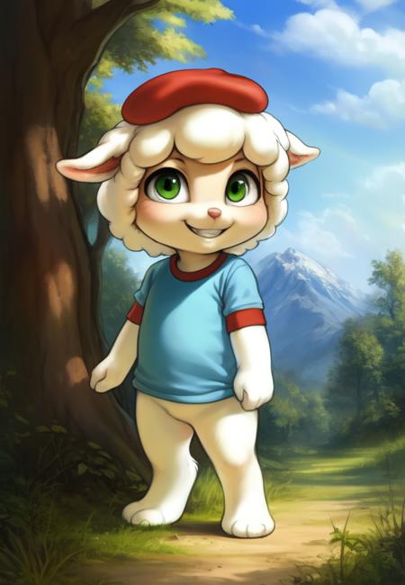 CloudMarshmallowTimesII, red beret hat, elbow-length T-shirt, green eyes, Blue T-shirt with red sleeves, chibi, sheep