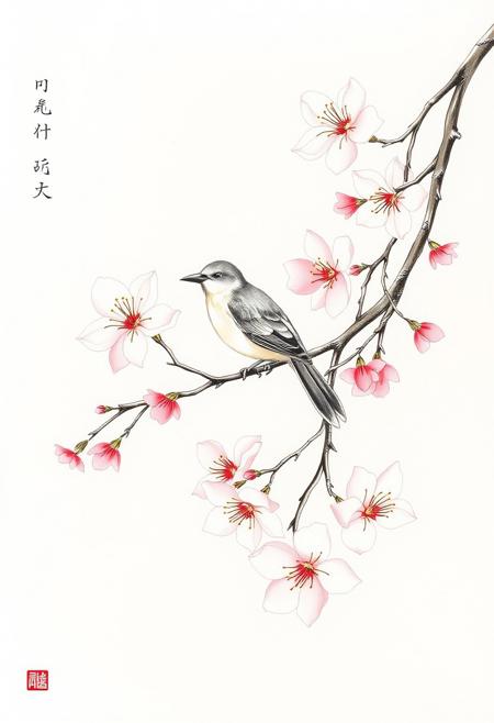 A delicate cherry blossom branch with a perched songbird, rendered in intricate ink lines and soft shading
intricate linework, flowing organic forms, Art Nouveau influences, traditional Japanese woodblock print, soft color gradients, delicate ink shading, elegant natural compositions, birds and flora, fine ornamental details, dreamlike atmosphere, stylized realism, subtle texture, harmonious balance, vintage illustration aesthetics