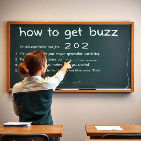 Teacher , Pointing to the board , classroom , text on board "how to get buzz
1. For each unique reaction you give 2buzz
2. By claiming it daily in the Image generator 25buzz
3. For the first image post you make each day 25buzz
4. For each user that reacts to anything you created in the last 30 days 2buzz
5. For first 3 people that you follow each day 10buzz
6. And you have more way to get it"