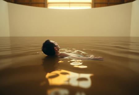 A tiny man with white skin drowning in a lake full of brown water, low angle pov, a massive short white solid wall in the background, daylight is visible above the edge of the wall, indoor lighting, golden hour lighting, tiny man is turned around, the tiny man is looking up, the tiny man is thrashing