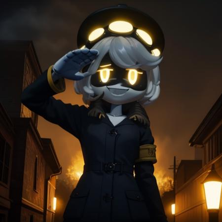 (8k uhd, masterpiece, best quality, high quality, ) Murder drone, N, android, salute, arm behind back, coat, armband, yellow eyes, short hair, happy, smile, glowing eyes, looking at viewer, armband, looking at viewer, pilot cap, standing under a single, street light at night, dark, single light source, midnight, rural street, unpaved, horror, creepy, unsettling, thick black fog, bad lighting <lora:Murder-DronesV1R:0.9>