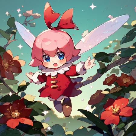 1 girl,blue eyes, pink hair, wings, fairy, red ribbon, fairy wings, red dress, short hair, ribbon\kirby