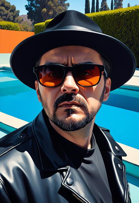 intimidating drug kingpin in black pork pie hat, dark sunglasses pushed up on forehead, goatee, black leather jacket, head tilted down slightly, eyes looking up directly at viewer from under lowered brow, intense unblinking Kubrick stare, eyebrows furrowed, menacing predatory gaze, whites of eyes visible above iris, unsettling fixed expression,, vibrant acrylic painting style, bold flat colors, clean geometric compositions, bright California sunlight, crisp shadows, modernist architecture, swimming pool blue tones, perfectly manicured landscapes, mid-century modern aesthetic, saturated color palette, smooth gradients, minimal detail work, contemporary pop art influence, architectural precision, optimistic 1960s atmosphere,