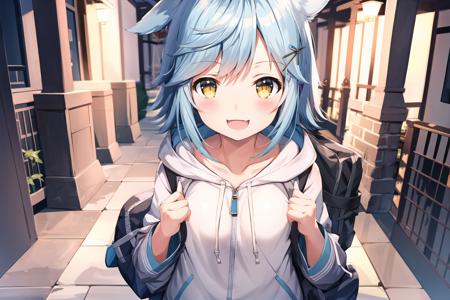 ((beautiful, masterpiece)), best quality, extremely detailed face, perfect lighting, 4k, 1girl, solo, fubukiAL, smile, blush, open mouth, fubuki_\(azur_lane\), fang,  <lora:FubuLoraV1:0.9>, hood, zipper, sweater, cowboy shot