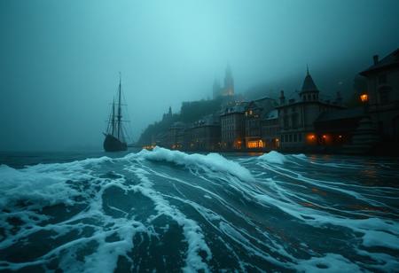 low wide angle muted color cinematic view from just above the swirly floaty sea foam waves, masterpiece hyperrealisitic, medium format 35mm portra 400 film camera shot, fantasy oil painting, concept art 8k, high quality, detailing, textures  Imagine a spooky atmospheric perfect fantasy port town spanning a river with cozy candle light, gothic neo brutalist architecture, by the river, in the background a large fantasy hyperrealisitic bustling port town city metropolis sprawls, nestled between a verdant, ancient forest, encircled by cliffs and city bridges across the river, taking it to the perfect pirate ship and the crashing waves of the vast, unexplored ocean.