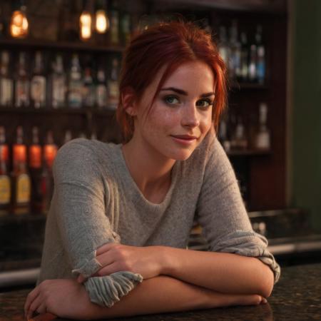 (freckles, short red hair, light green eyes), (realistic pretty face) A high-definition photograph of a girl with captivating eyes and a seductive smile, leaning against a bar counter in a dimly lit room. Soft, warm lighting highlights her features, creating a mysterious ambiance. The background features a sleek, modern bar setting with bottles of colorful drinks, blurred to keep the focus on the girl. Created Using: Canon EOS R5, Rembrandt lighting, cinematic style, shallow depth of field, natural skin tones, vivid colors, high contrast, intimate atmosphere --ar 2:3 --v 6.0