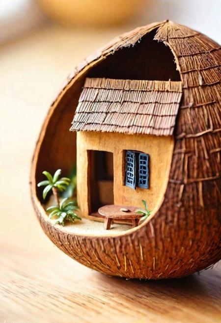 a miniature house in half a coconut shell, 2 floor, miniature fourniture, intricate , macro lens, by artgerm, wlop