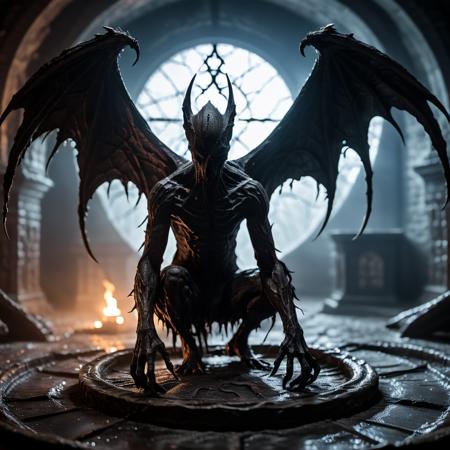 highly detailed  photo of a nightgaunt squatting in a magic circle in an occult room in a medieval house, ((indoors)), 
wings, arms, ((dark)),

realistic, depth of field, blurry background,

photorealistic,
horror, eerie,
silhouette lighting,


