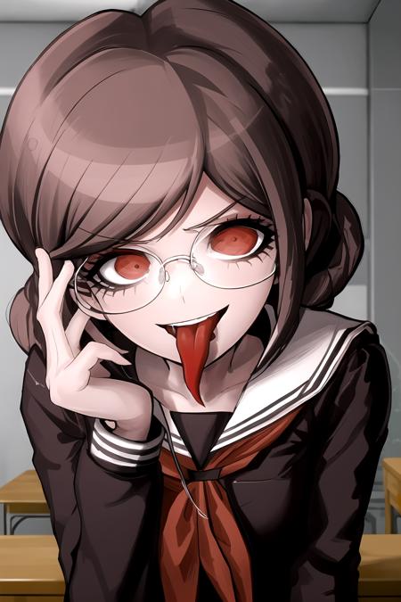 masterpiece, best quality, highres,<lora:GenocideJackDG:1>  , 1girl, solo, skirt, school uniform, neckerchief, pleated skirt, long sleeves, sailor collar, looking at viewer, black skirt, red neckerchief, black shirt, glasses, tongue out, close-up, bent over, arm support, desk,   <lora:KomatsuzakiRuiStyleV1:0.9>