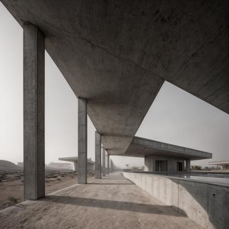 best quality, villa, Tadao Ando architecture, soviet architecture, megastructures, photorealistic, retro, (soviet), low saturation, dirt, futuristic, concrete and shiny metal, details, texture, symmetric, dynamic light, film grain, <lora: soviet architecture:0.7>, desert, mist, fog, people,
