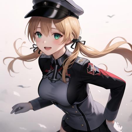 (masterpiece, best quality:1.2),illustration,8k,hd,1girl,solo,hat,blonde hair,twintails,uniform,gloves,hair ornament,military uniform,anchor hair ornament,peaked cap,white gloves,low twintails,iron cross,breasts,smile,long sleeves,military hat,long hair,green eyes,aqua eyes,microskirt,black thighhighs,black skirt,pleated skirt,<lora:Prinz Eugen-V1:0.6>,