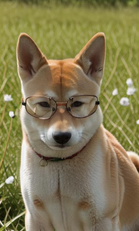 close up photo of a shiba,  (((wearing glasses))),sunbathing, lazy,forest, haze, halation, bloom, dramatic atmosphere, centred, rule of thirds, 200mm 1.4f macro shot,<lora:shiba_v3-000003:0.7>